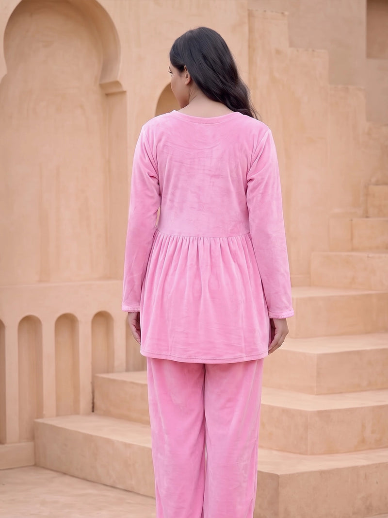 Pink Velvet Maternity Feeding Night Suit