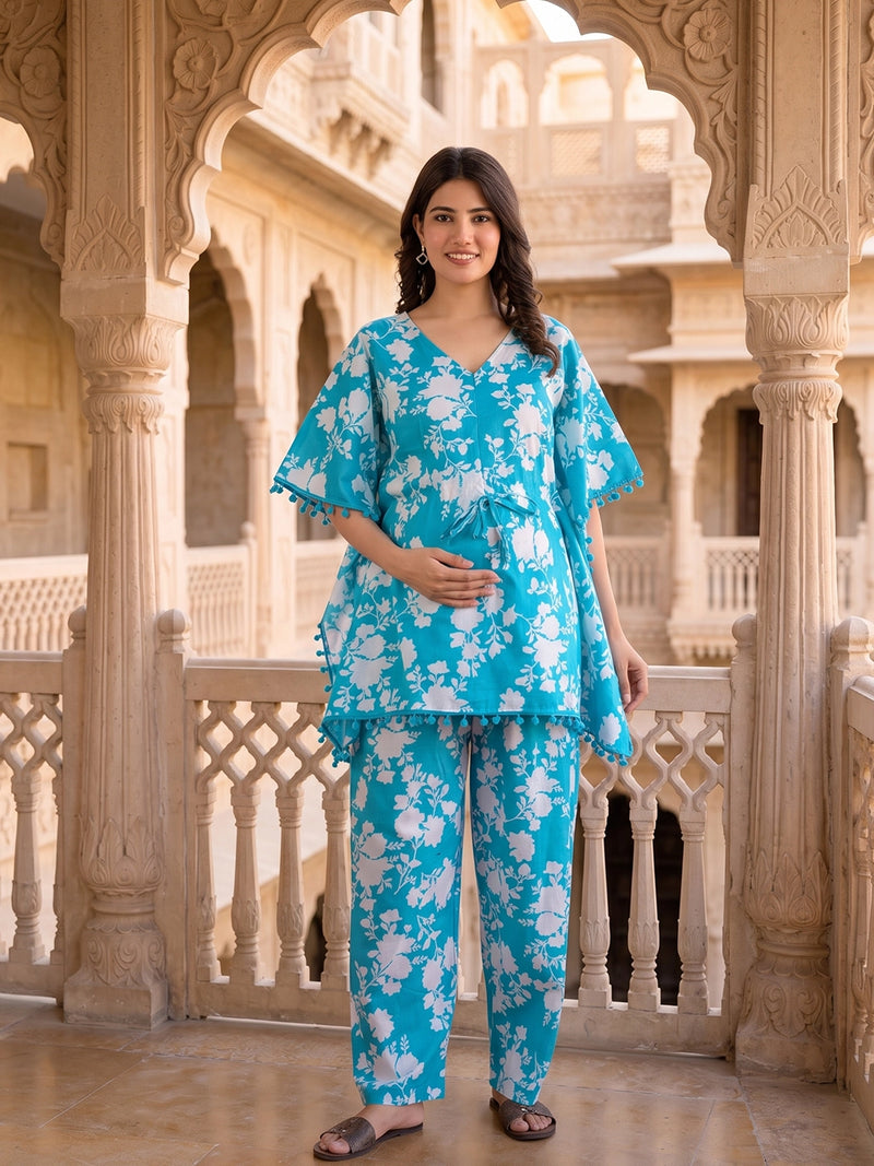 turquoise-white-floral-print-maternity-feeding-friendly-kaftan-night-suit-with-concealed-zipper