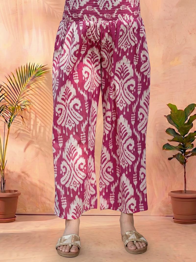 Fuchsia Printed Cotton Maternity Feeding-Friendly Kaftan Night Suit