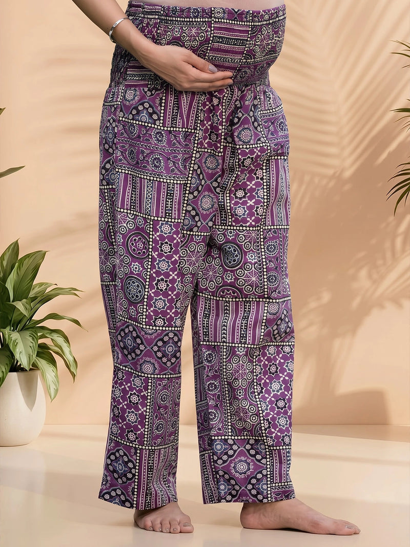 Purple Ethnic Print Maternity Feeding-Friendly Kaftan Night Suit with Concealed Zipper
