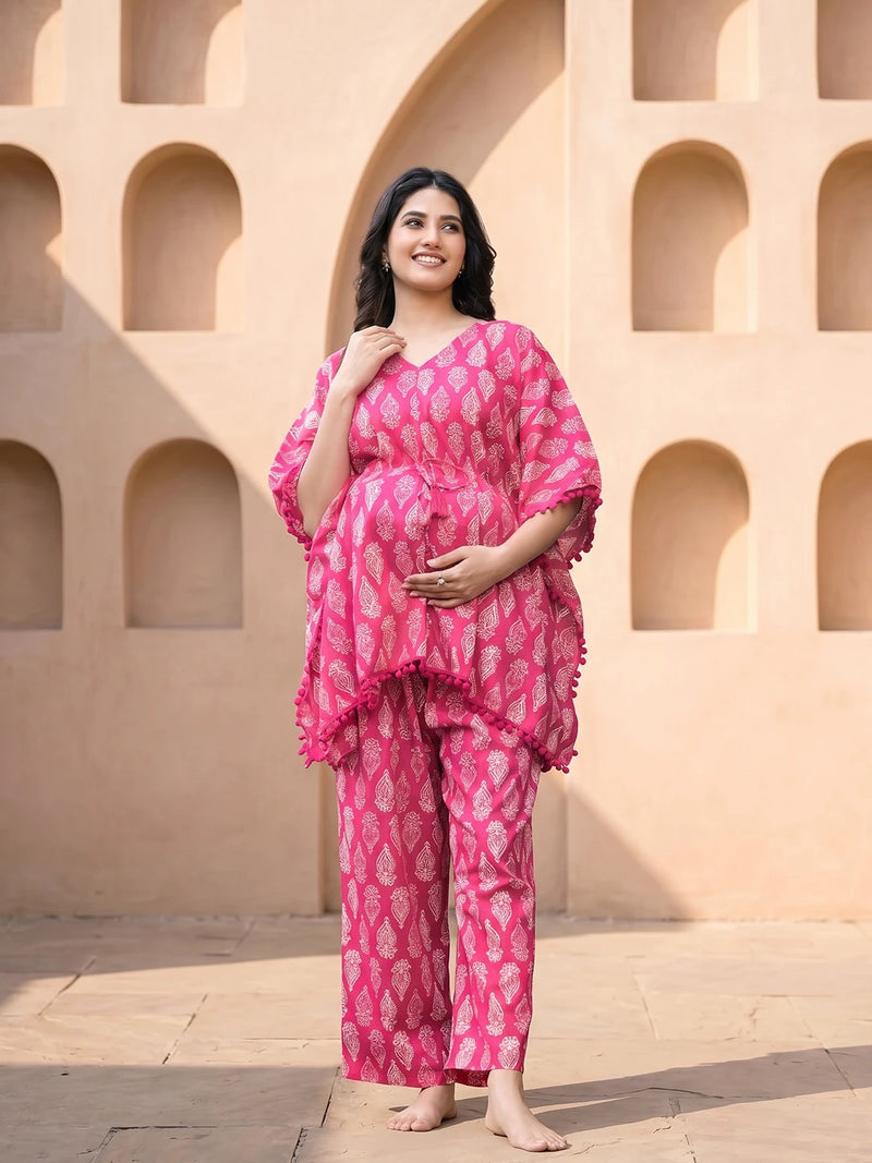 Fuchsia Ethnic Printed Maternity & Feeding Night Suit