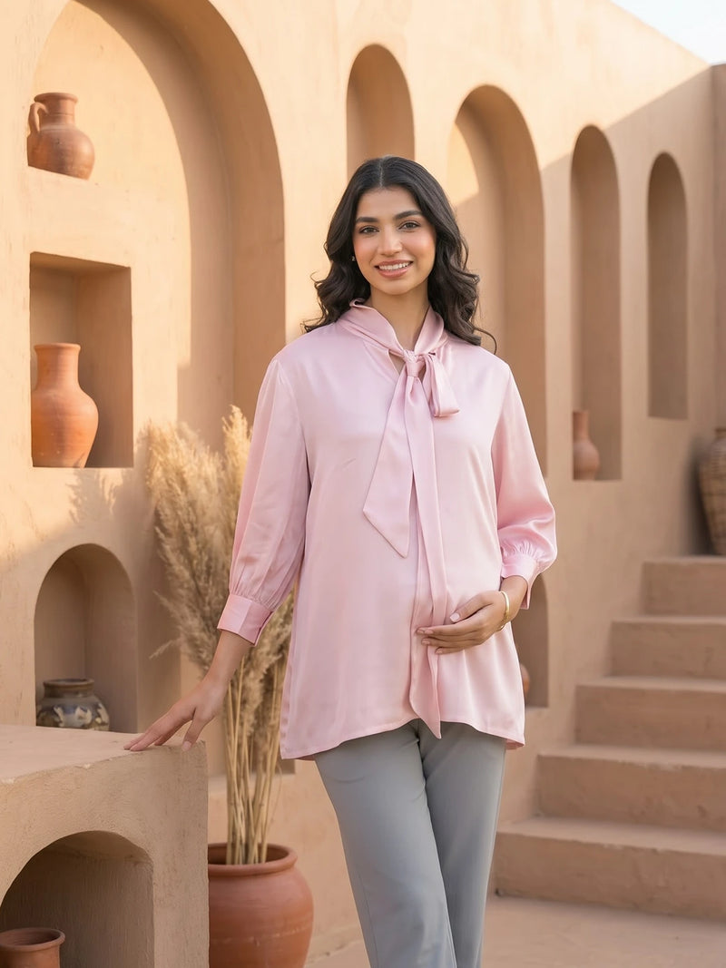Light Pink Tie-up Neck Maternity Feeding-Friendly Top