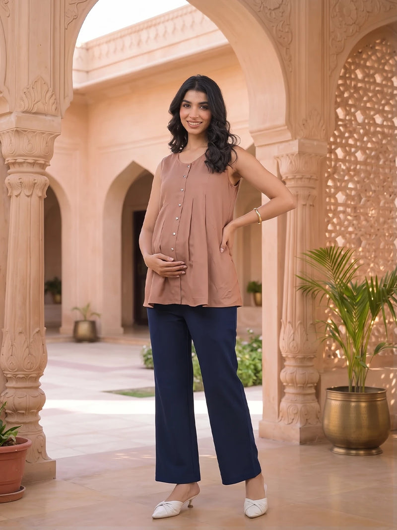Taupe Green Pleated Maternity Feeding-Friendly Top