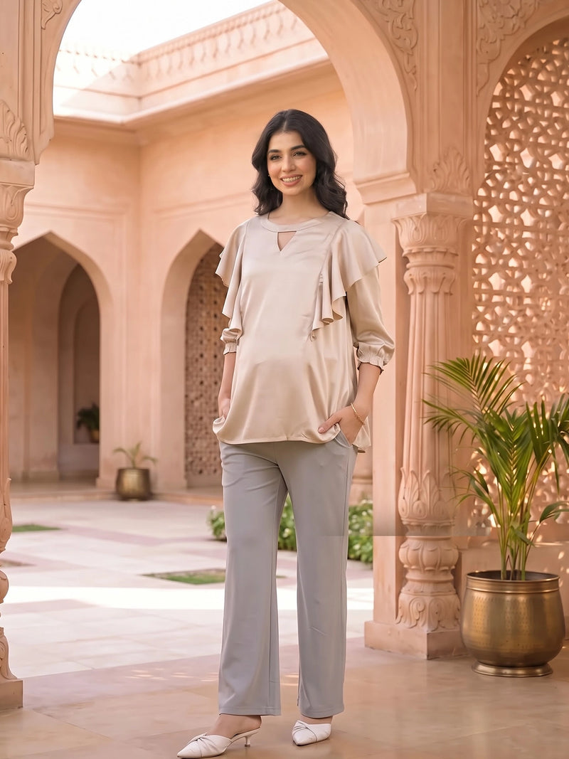 Beige Jewell Neck Ruffled Maternity & Feeding Top with Concealed Zipper