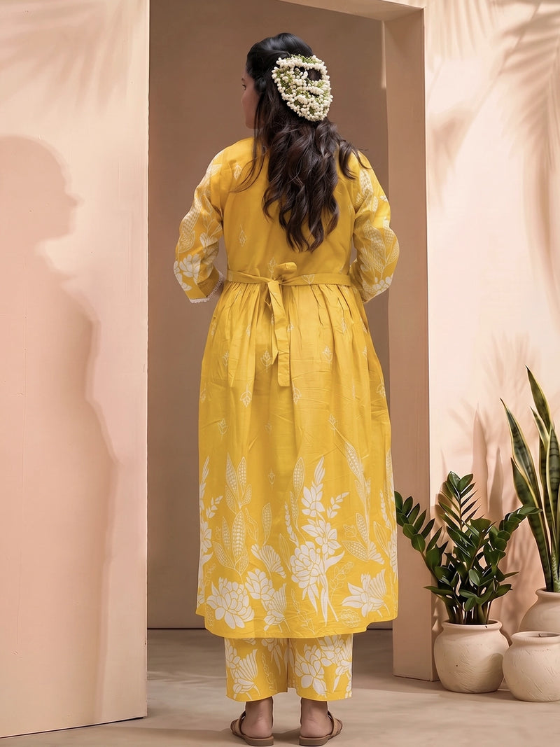 Yellow White Floral Print Cotton Maternity & Feeding-Friendly Flare Kurta Set with Dupatta