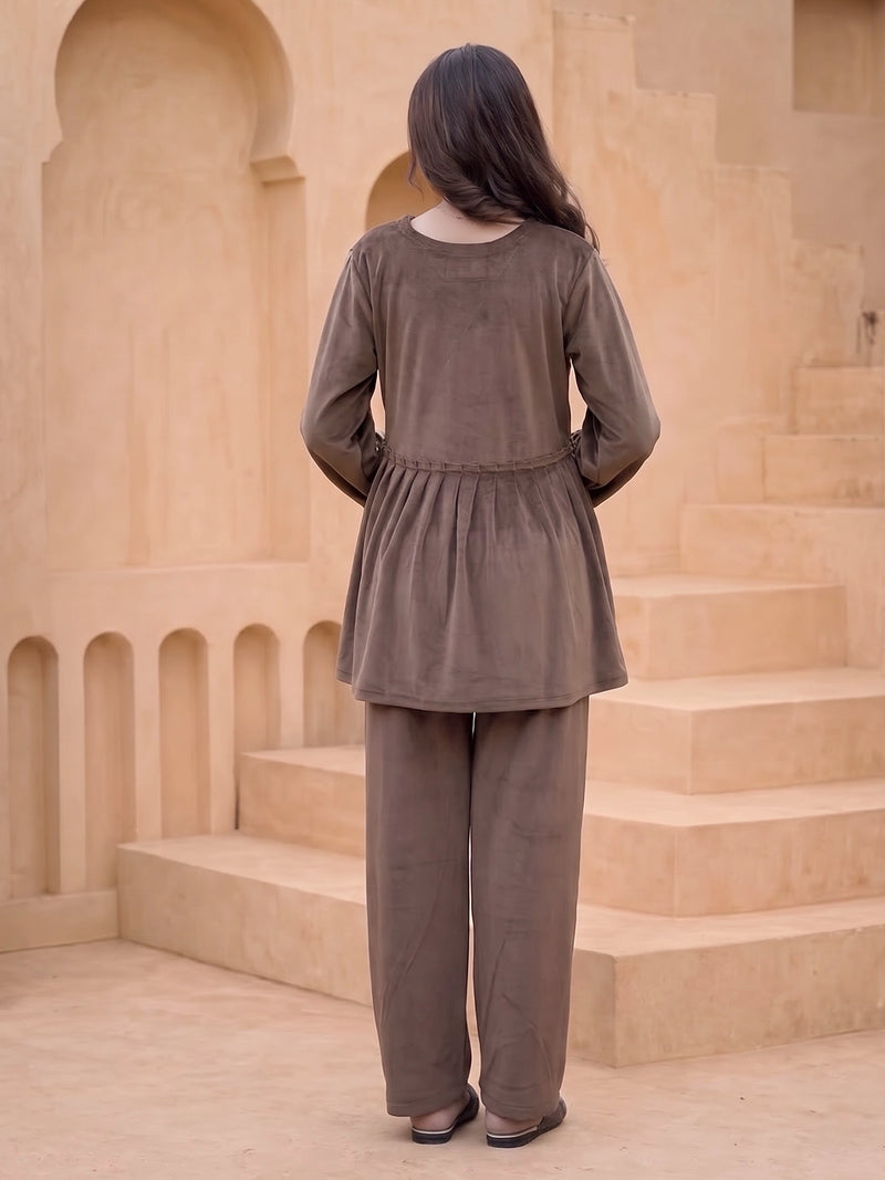 Taupe Velvet Maternity Feeding Night Suit