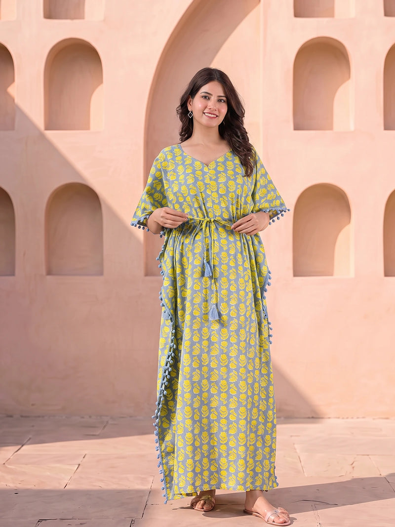 Grey Yellow Floral Print Cotton Maternity Feeding-Friendly Kaftan Dress