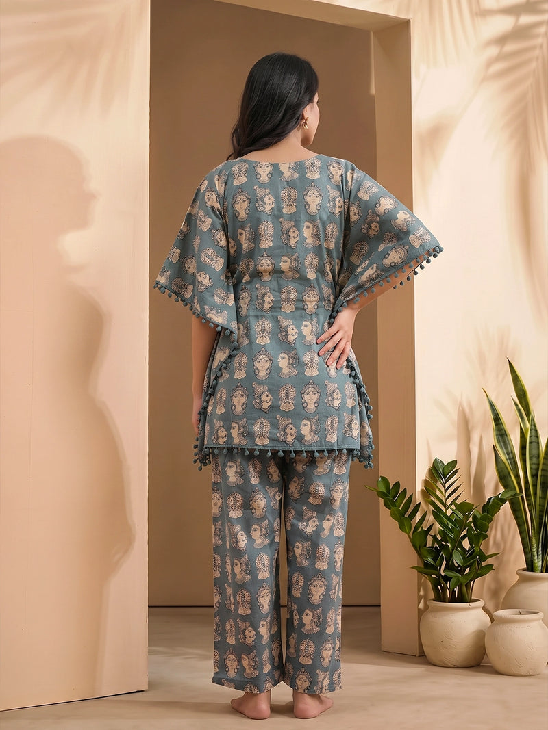 grey-ethnic-motifs-print-maternity feeding-friendly-kaftan-night-suit