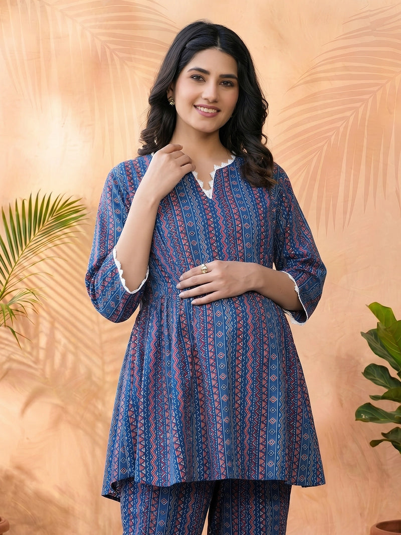 Indigo Multi Geometric Printed Cotton Maternity Feeding Night Suit