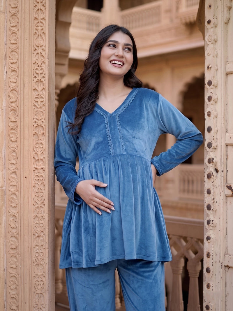 Teal Blue Velvet Maternity Feeding Night Suit