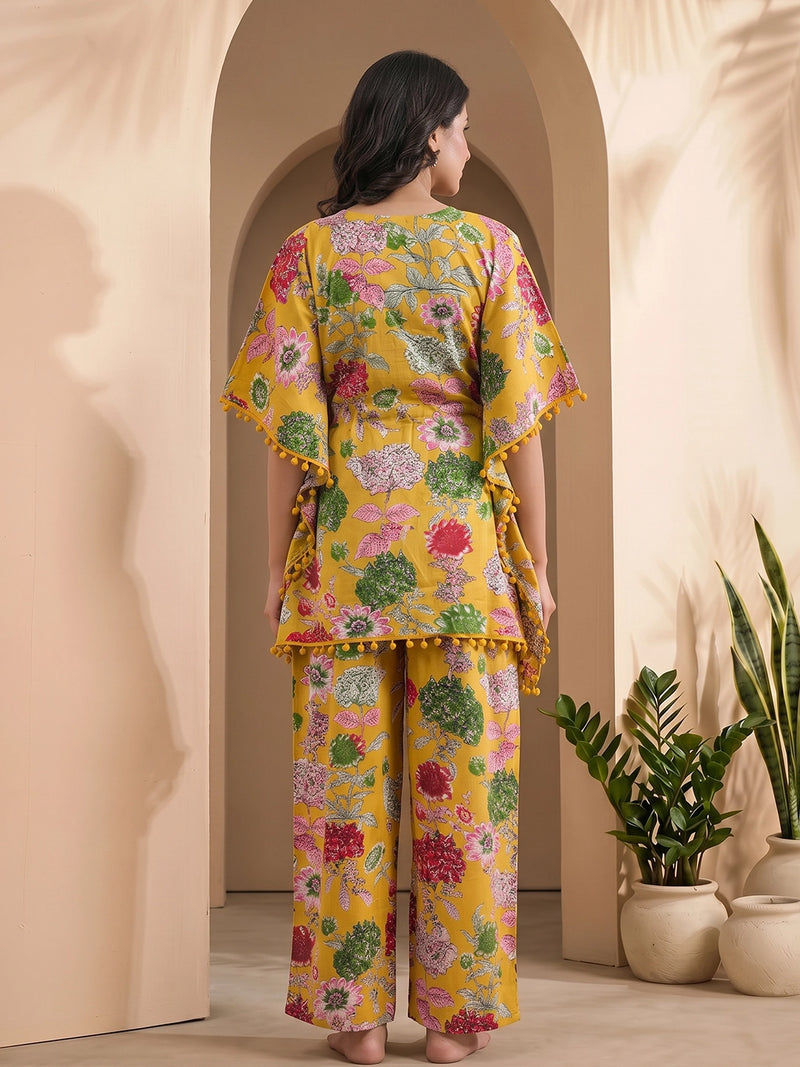 mustard-multi-floral-printed-maternity feeding-friendly-kaftan-night-suit