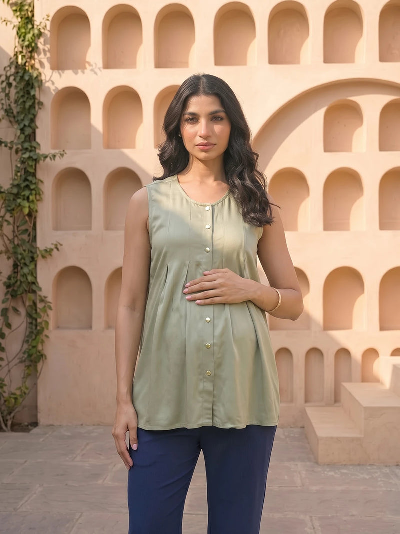 Olive Green Pleated Maternity Feeding-Friendly Top