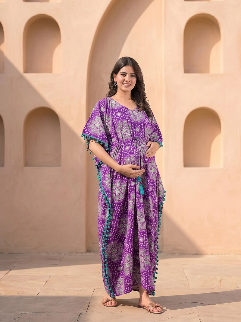 purple-green-ethnic-print-cotton maternity-feeding-friendly-kaftan-dress
