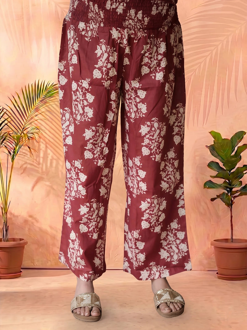 Maroon Printed Cotton Maternity Feeding-Friendly Kaftan Night Suit