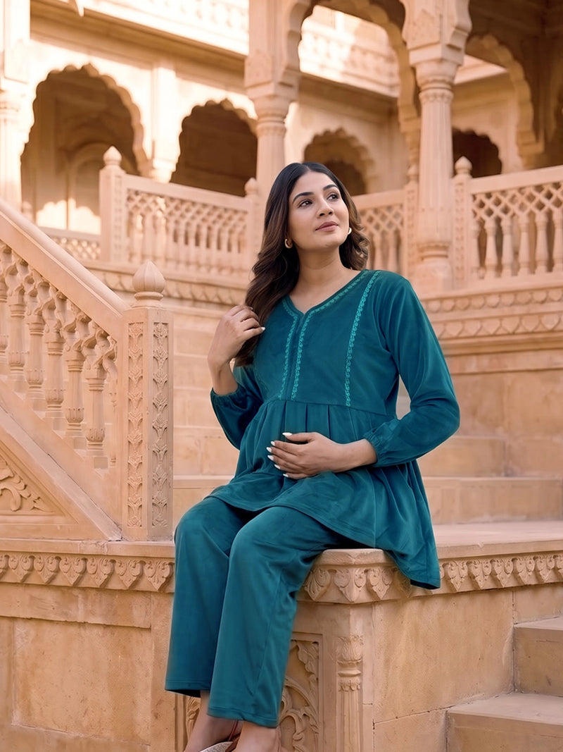 Dark Green Velvet Maternity Feeding Night Suit