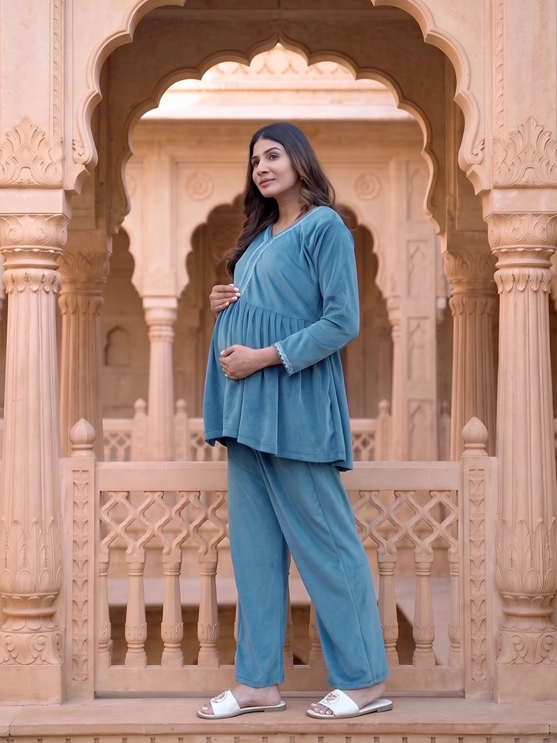 Teal Velvet Maternity Feeding Night Suit