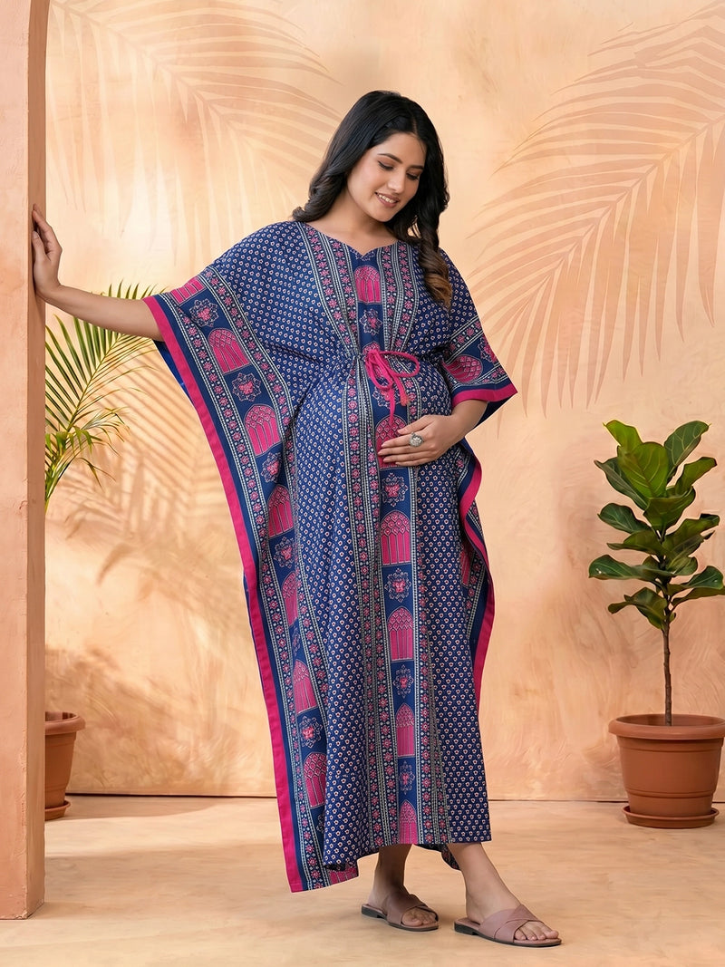 Indigo Multi Ethnic Motifs Printed Maternity Feeding Kaftan Dress