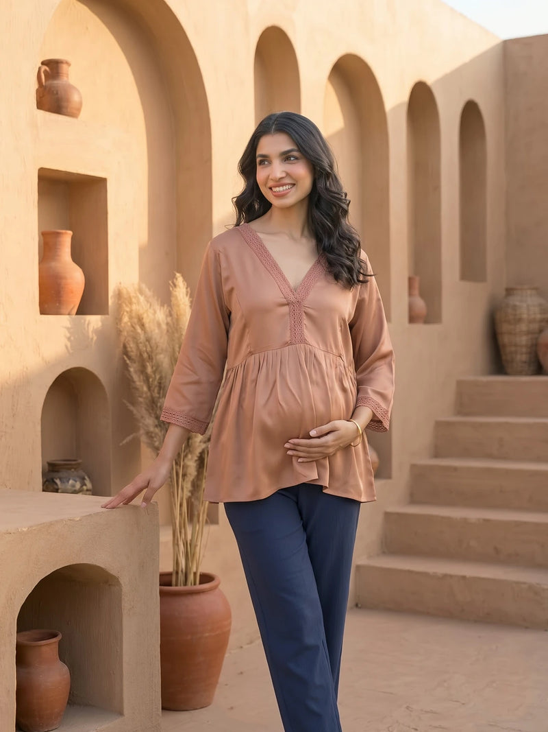 Taupe Lace Neck Maternity & Feeding Top with Concealed Zipper