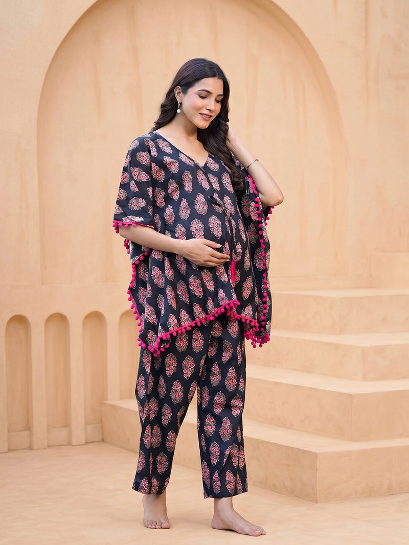 Black Fuchsia Ethnic Printed Maternity & Feeding Night Suit