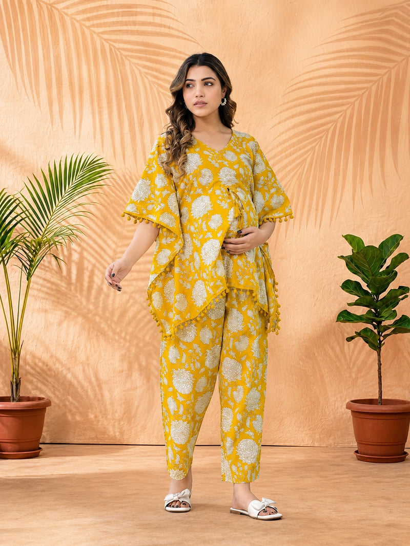 Mustard Floral Printed Maternity Feeding Kaftan Night Suit