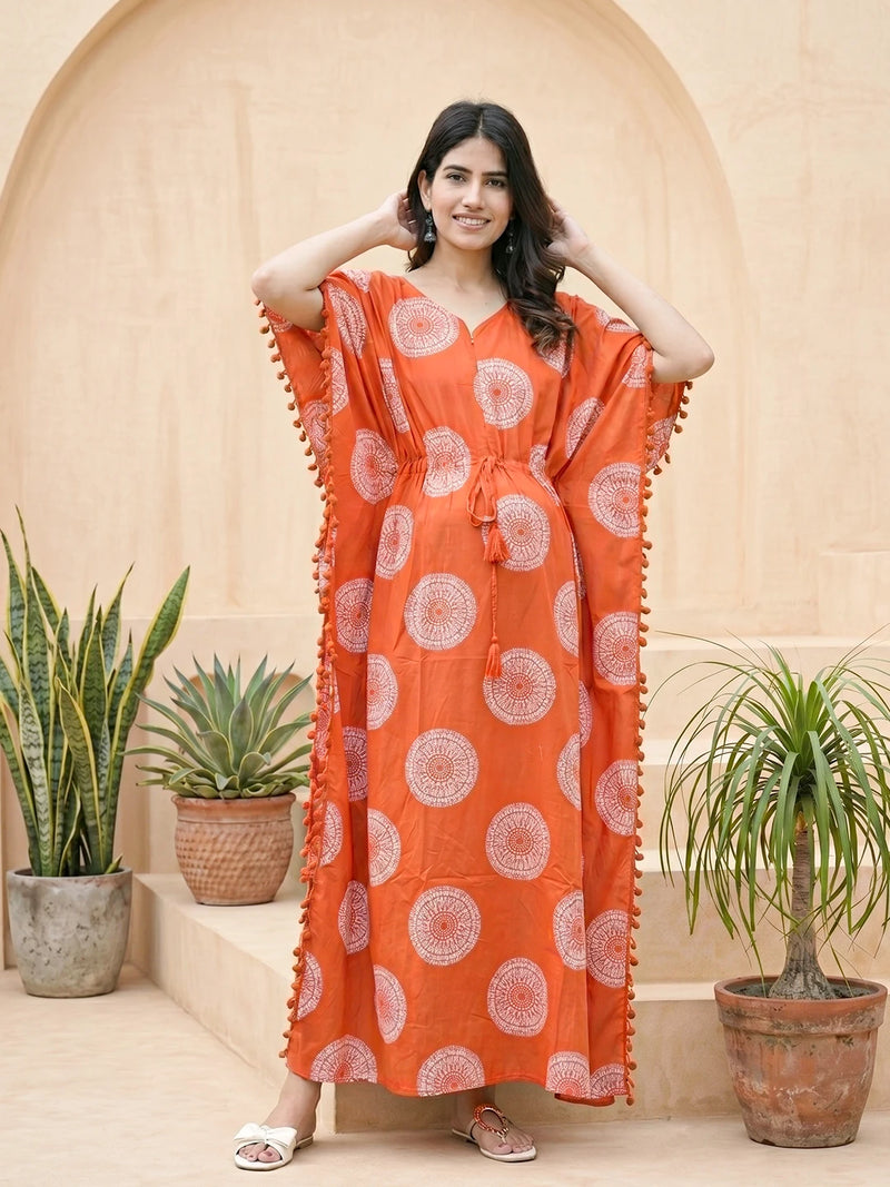 Orange Ethnic Print Maternity & Feeding Kaftan Dress