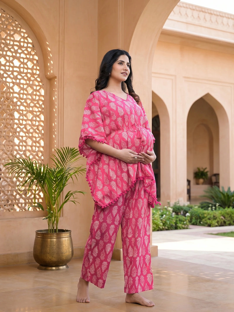 Fuchsia Ethnic Printed Maternity & Feeding Night Suit