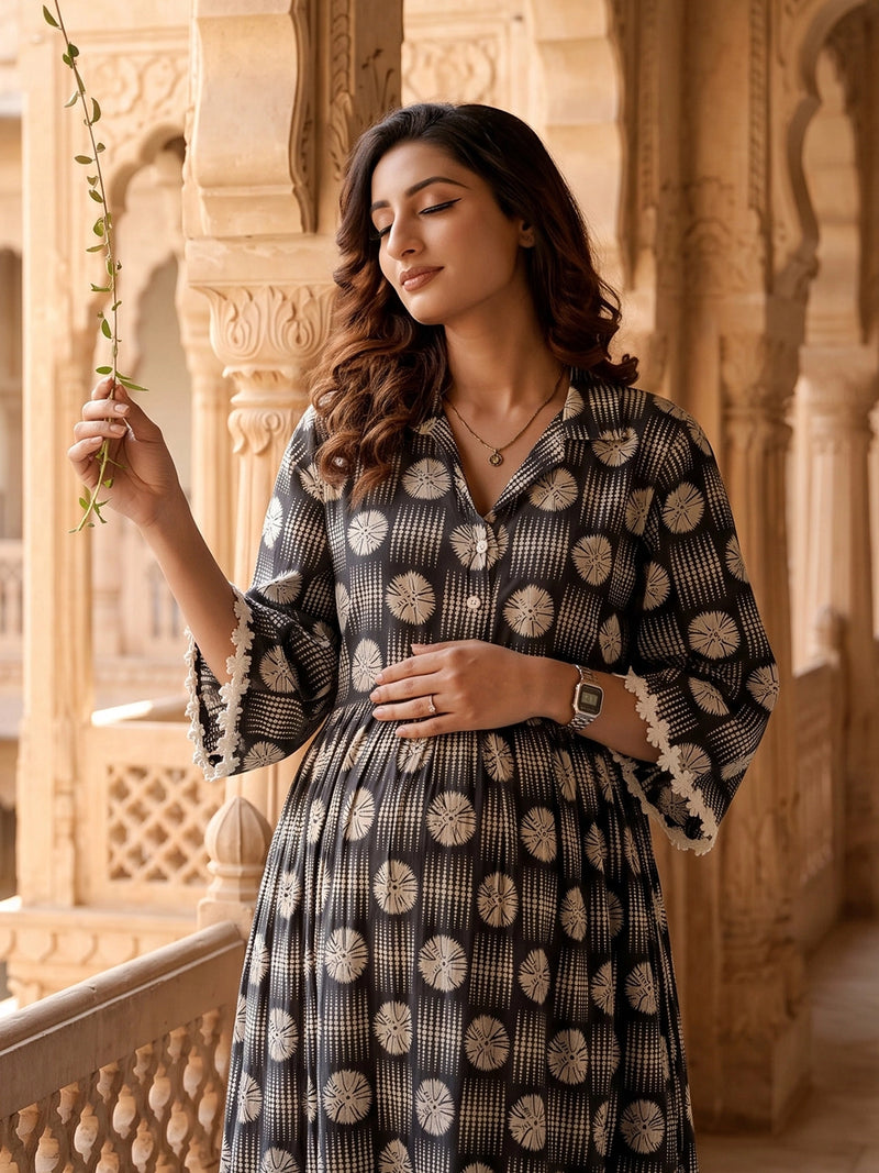 Black White Geometric Motifs Printed Maternity & Feeding Midi Dress