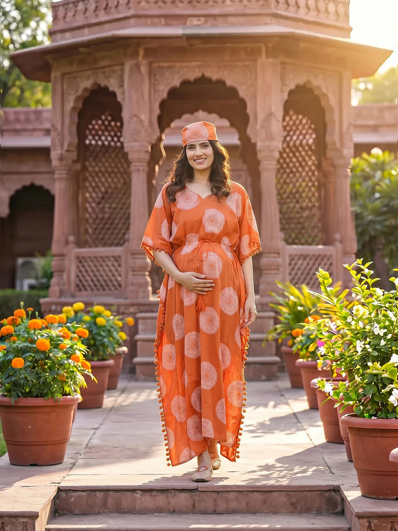 Orange Ethnic Print Maternity & Feeding Kaftan Dress