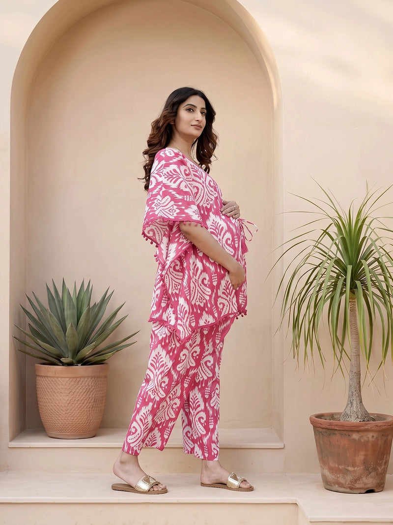 Fuchsia Printed Cotton Maternity Feeding-Friendly Kaftan Night Suit