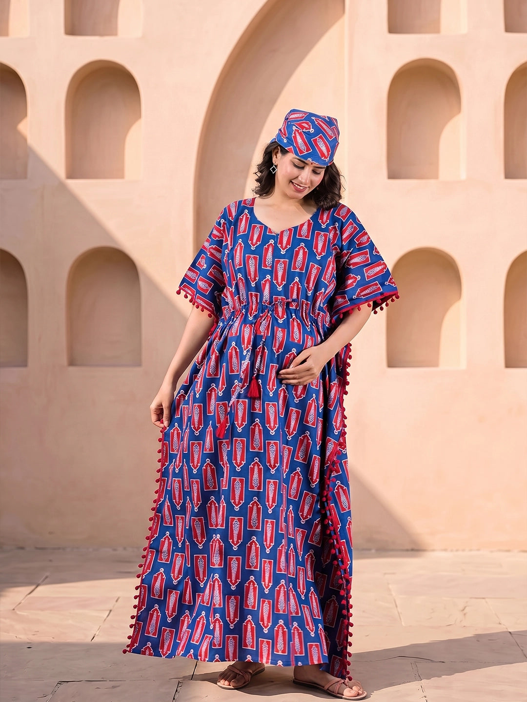 indigo-red-floral-print-cotton-maternity-feeding-friendly-kaftan-dress