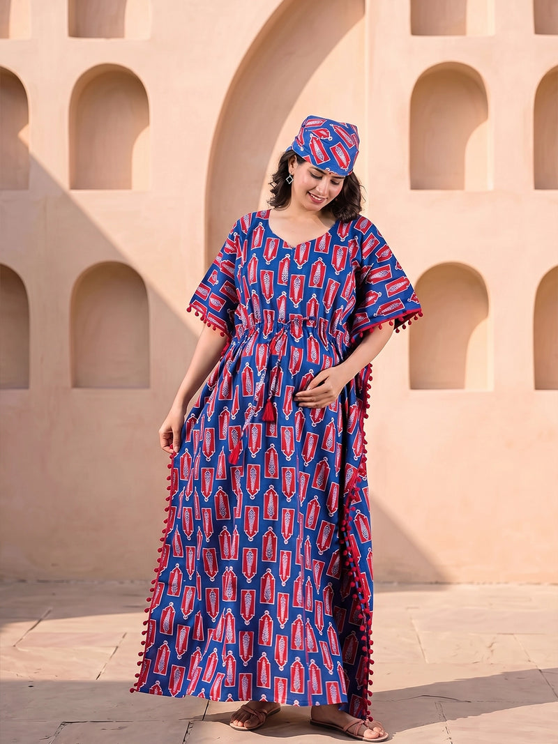 indigo-red-floral-print-cotton-maternity-feeding-friendly-kaftan-dress