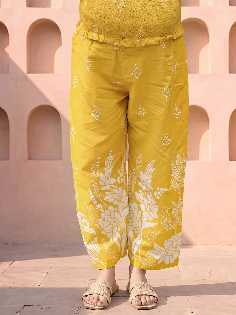 Yellow White Floral Print Cotton Maternity & Feeding-Friendly Flare Kurta Set with Dupatta