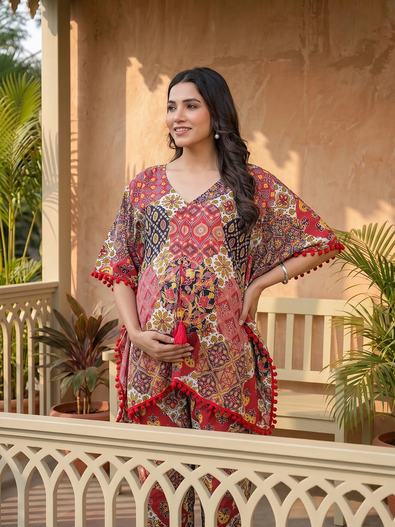 Red Multi Ethnic Print Maternity Feeding-Friendly Kaftan Night Suit with Concealed Zipper