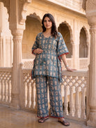 grey-ethnic-motifs-print-maternity feeding-friendly-kaftan-night-suit