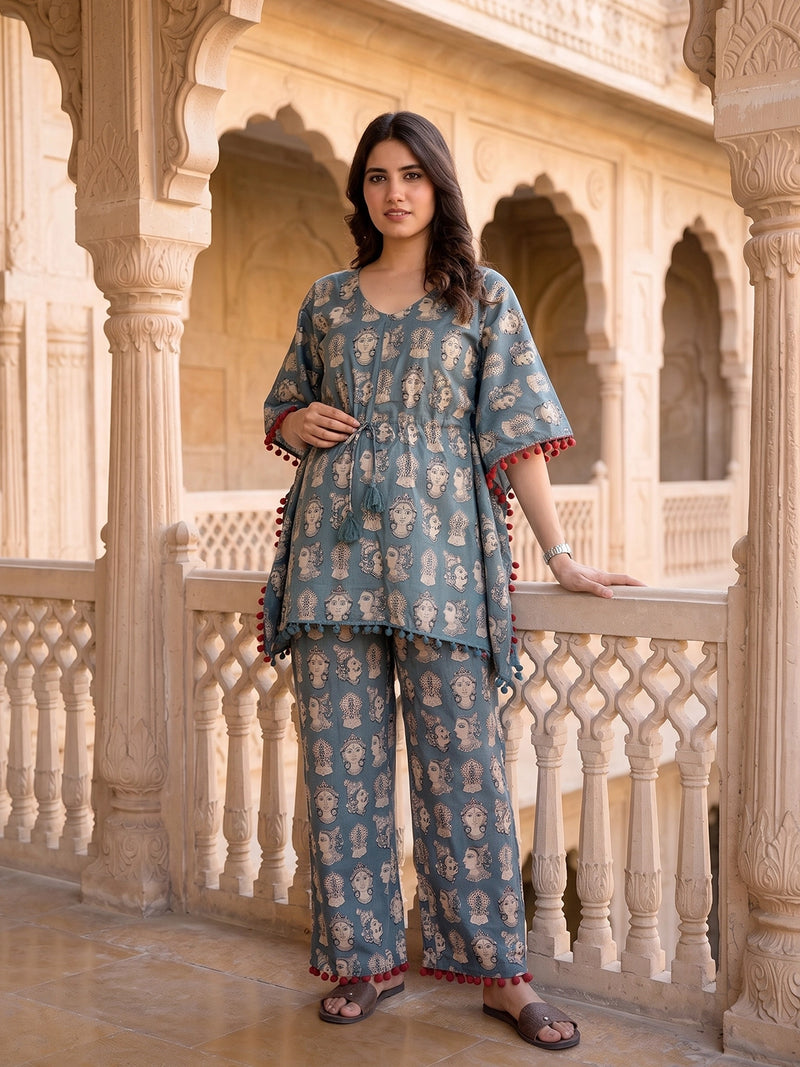 grey-ethnic-motifs-print-maternity feeding-friendly-kaftan-night-suit