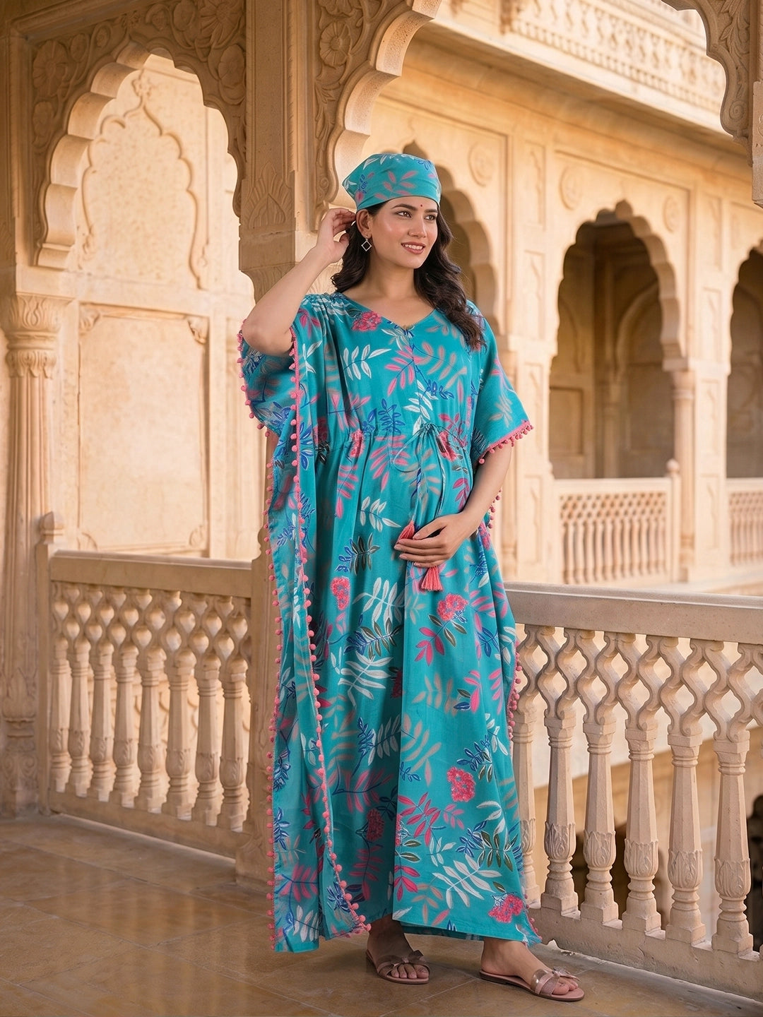 turquoise-multi-tropical-print-cotton-maternity-feeding-friendly-kaftan-dress