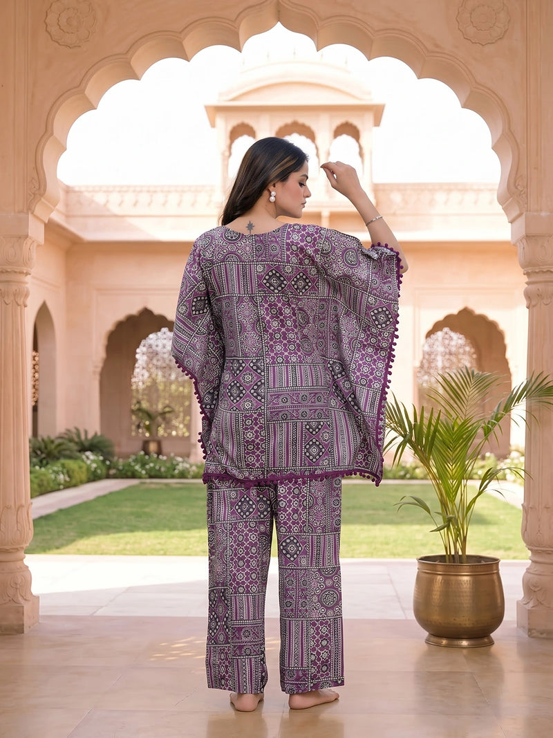 Purple Ethnic Print Maternity Feeding-Friendly Kaftan Night Suit with Concealed Zipper
