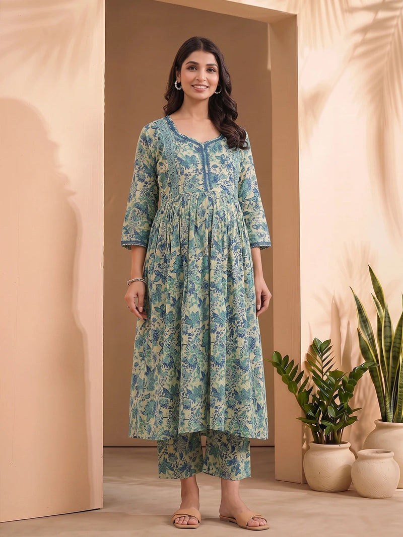 Teal Green Cotton Printed Maternity & Feeding Kurta Set with Dupatta