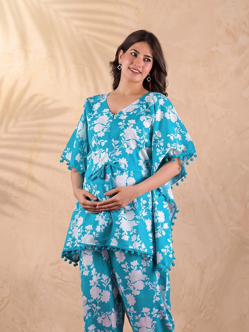 turquoise-white-floral-print-maternity-feeding-friendly-kaftan-night-suit-with-concealed-zipper