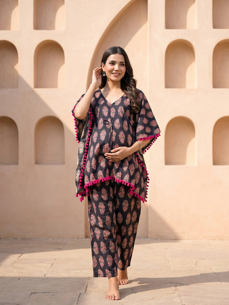 Black Fuchsia Ethnic Printed Maternity & Feeding Night Suit