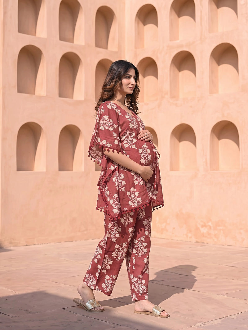 Maroon Printed Cotton Maternity Feeding-Friendly Kaftan Night Suit