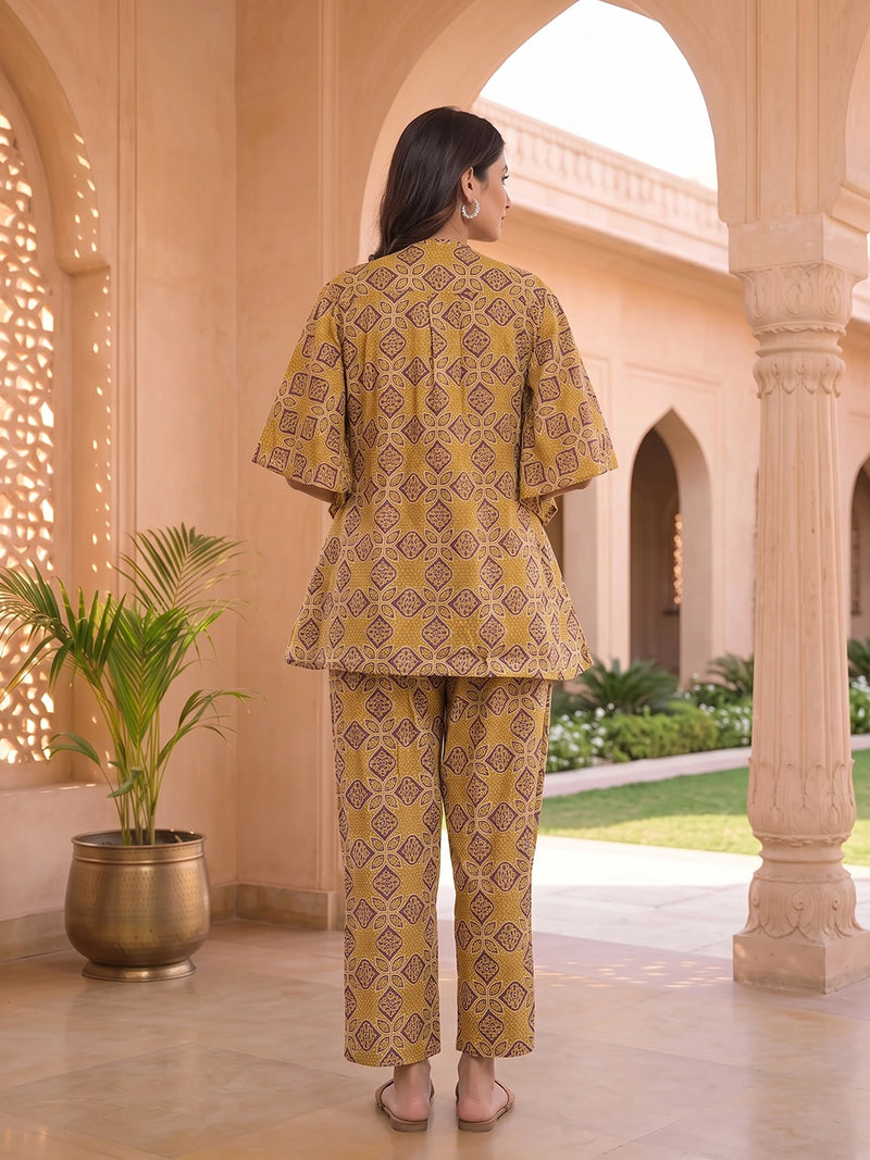 Mustard Printed Cotton Maternity Feeding-Friendly Night Suit