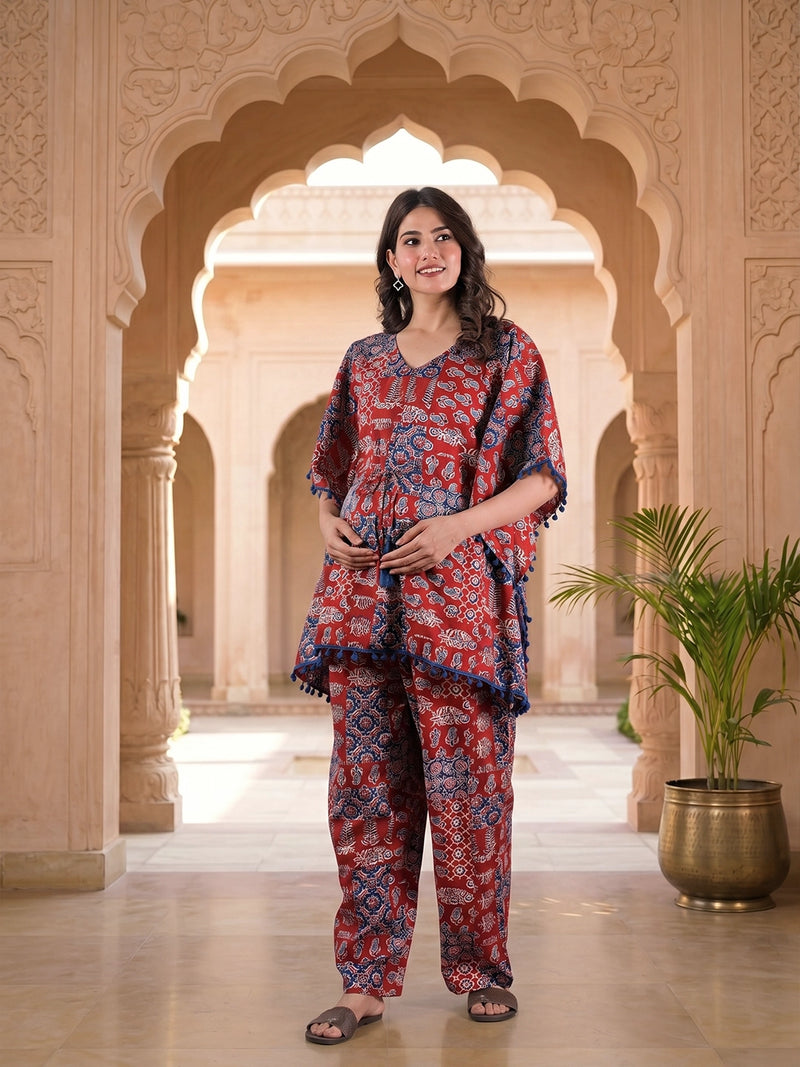 red-indigo-ethnic-print-maternity-feeding-friendly-kaftan-night-suit-with-concealed-zipper