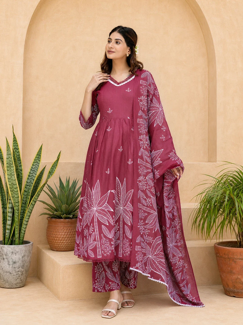 Fuchsia White Printed Maternity & Feeding Kurta Suit With Dupatta