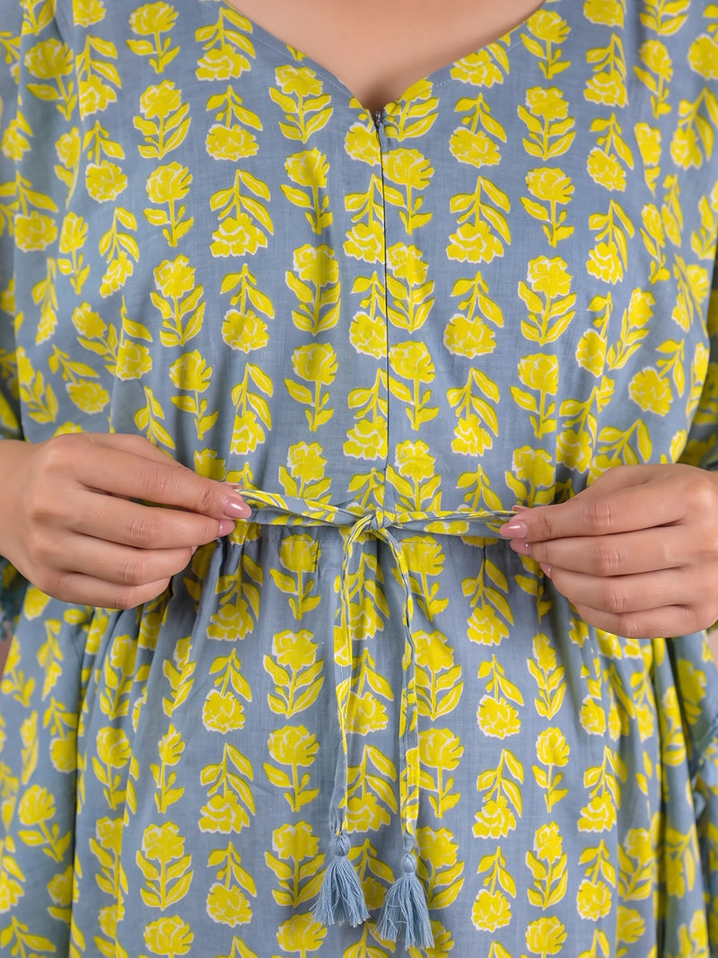 Grey Yellow Floral Print Cotton Maternity Feeding-Friendly Kaftan Dress