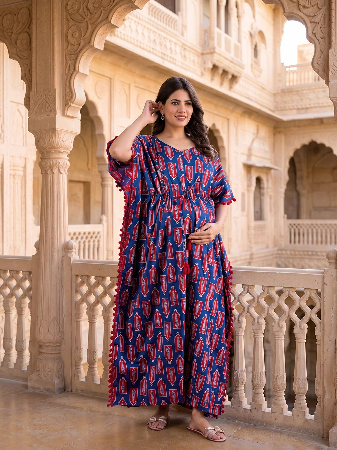 indigo-red-floral-print-cotton-maternity-feeding-friendly-kaftan-dress
