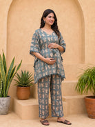 grey-ethnic-motifs-print-maternity feeding-friendly-kaftan-night-suit