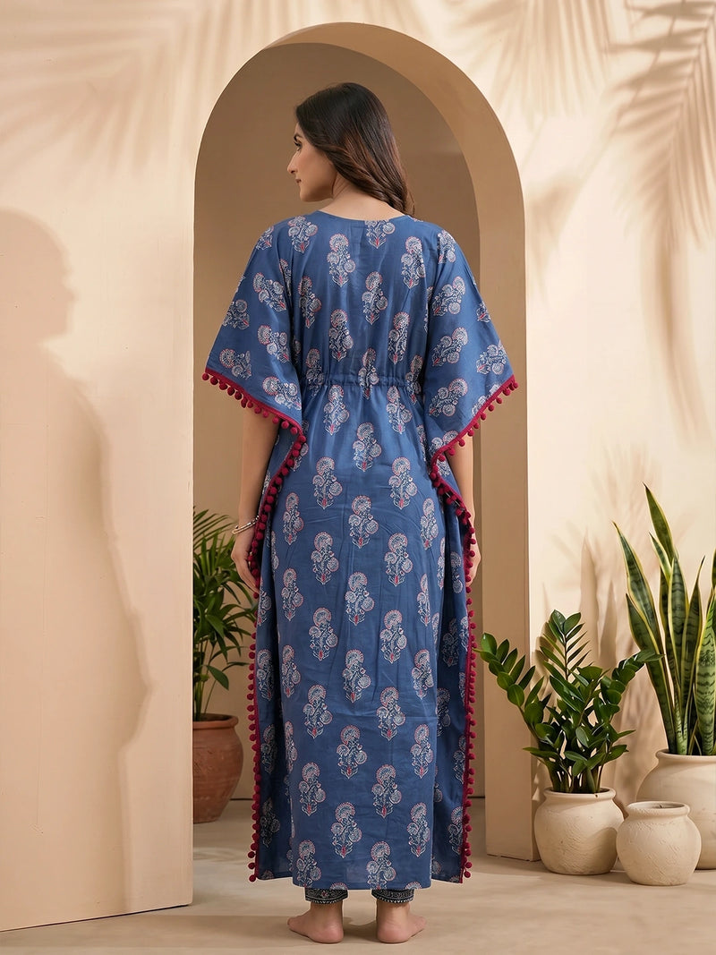 Indigo Ethnic Printed Maternity & Feeding Kaftan Dress with Concealed Zipper