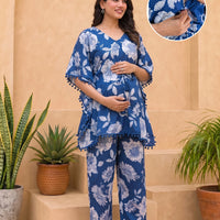 Royal Blue Floral Print Maternity & Feeding Friendly Kaftan Night Suit with Concealed Zipper
