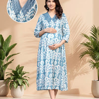 Teal Blue Ikat Print Maternity & Feeding Midi Dress with Concealed Zipper